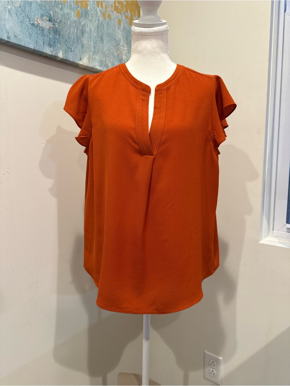 Calvin Klein Rust Orange V-Notch Flutter Sleeve Blouse Size Large